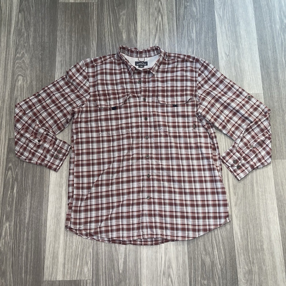 Eddie Bauer Fishing Hiking Shirt Mens XL Tall Gray Red Plaid Vented Long Sleeve